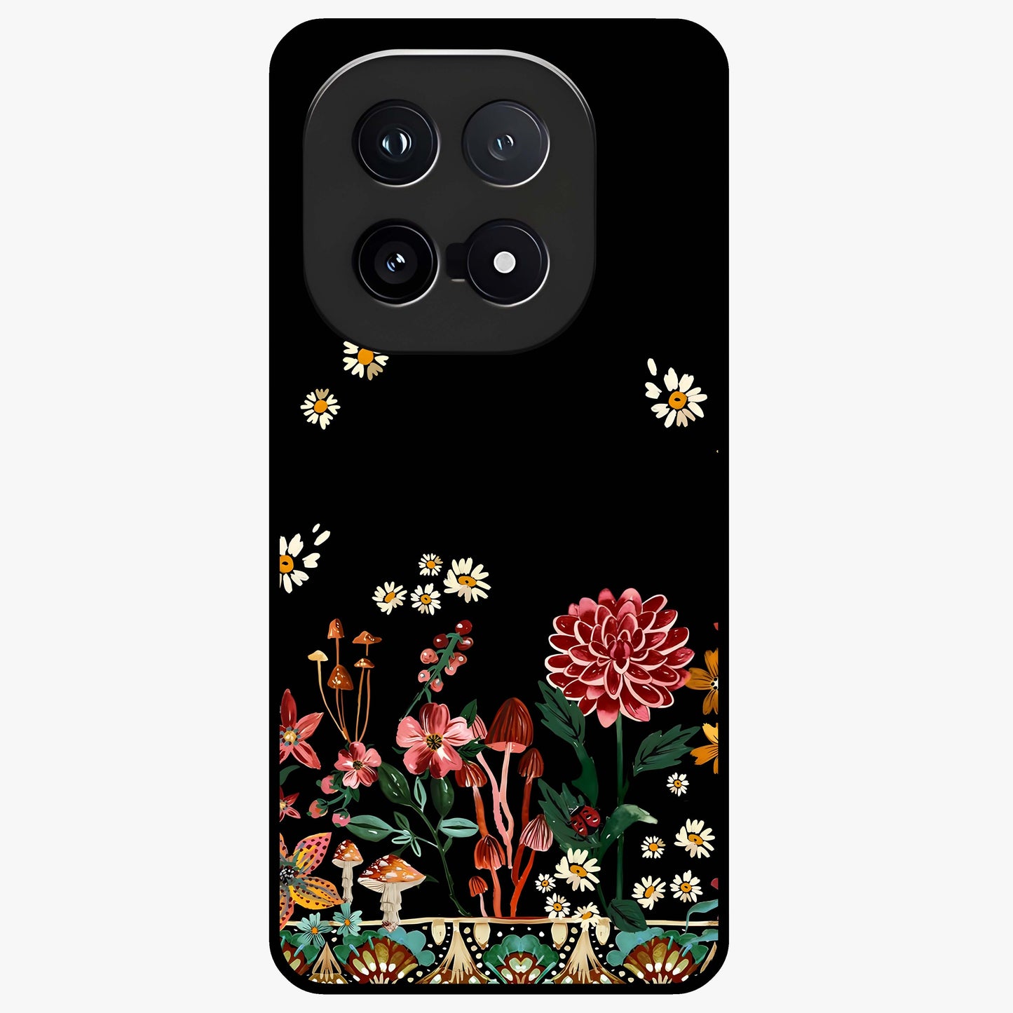Midnight Bloom Pattern Glass Case showing flat back view with dark floral pattern artwork and glossy glass finish.