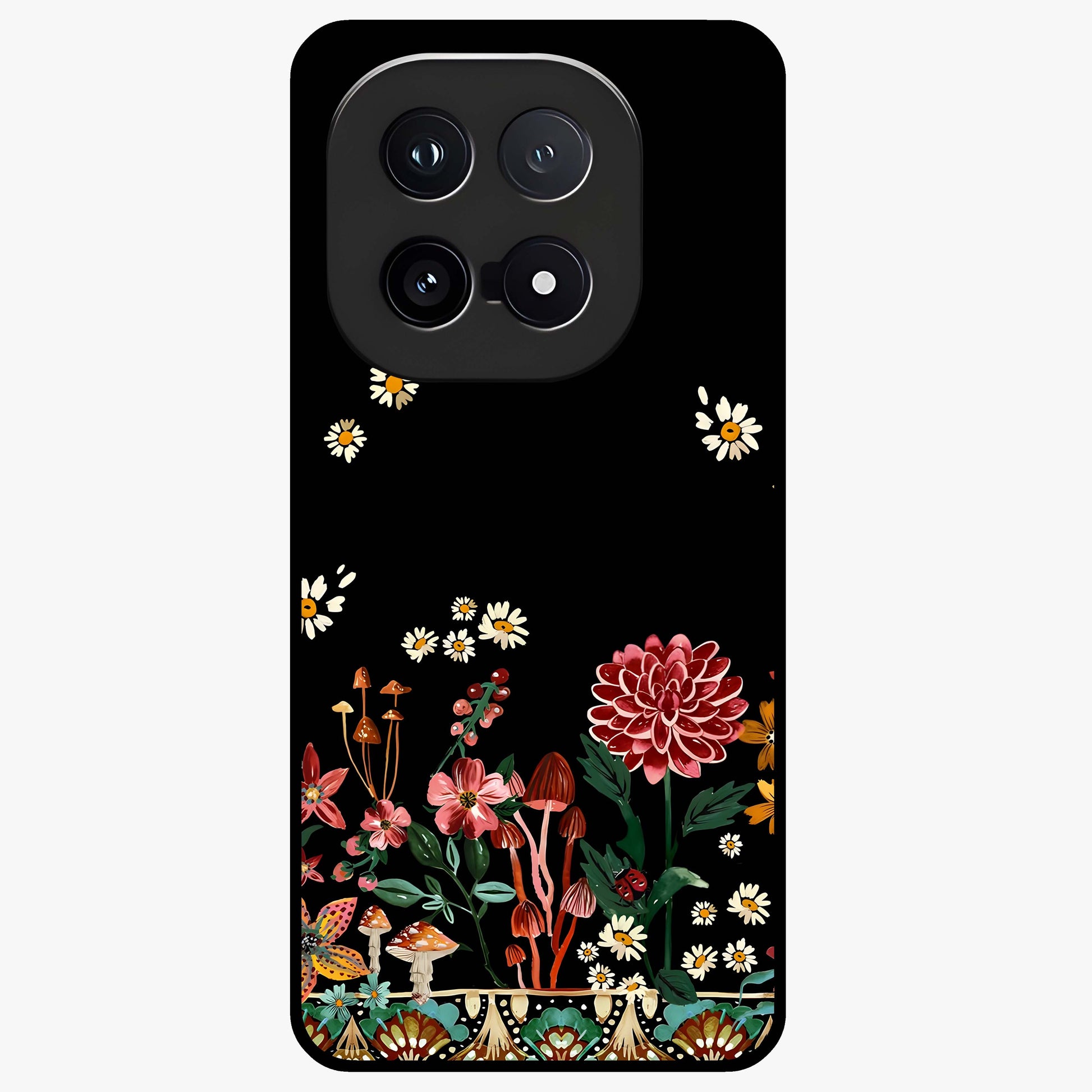 Midnight Bloom Pattern Glass Case showing flat back view with dark floral pattern artwork and glossy glass finish.