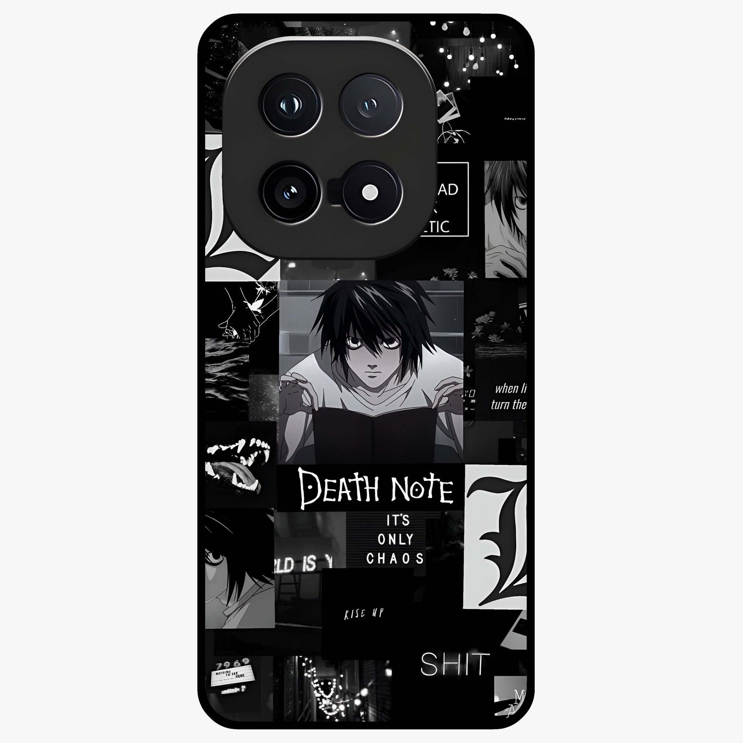 Midnight Chaos Mind Glass Case showing flat back view with abstract dark themed artwork and glossy glass finish.