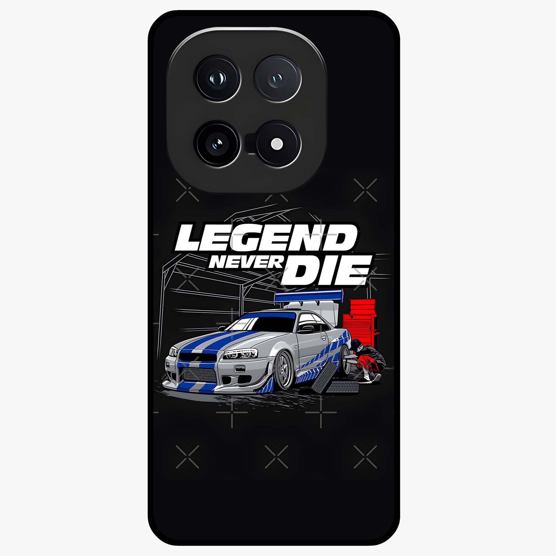 Midnight Racing Legacy Glass Case showing flat back view with sleek racing inspired artwork and glossy glass finish.