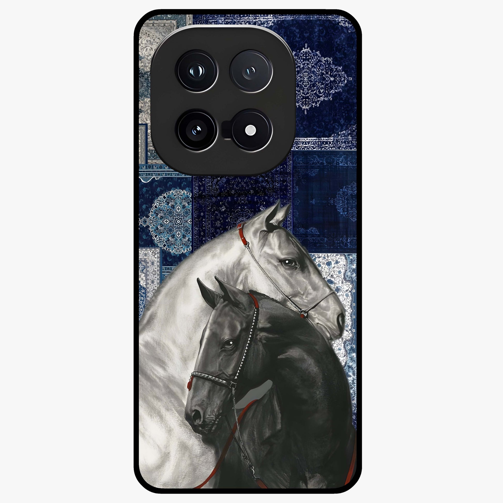 Midnight Stallion Blues Glass Case showing flat back view with majestic horse artwork and glossy glass finish.