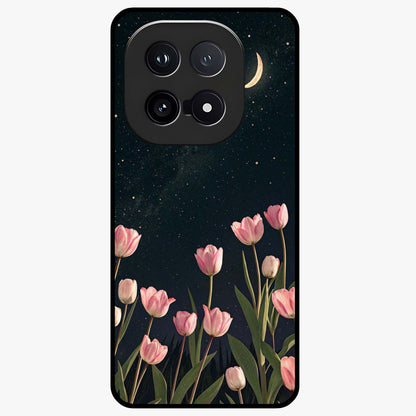 Midnight Tulip Whispers Vibe Glass Case showing flat back view with elegant tulip flower artwork and glossy glass finish.