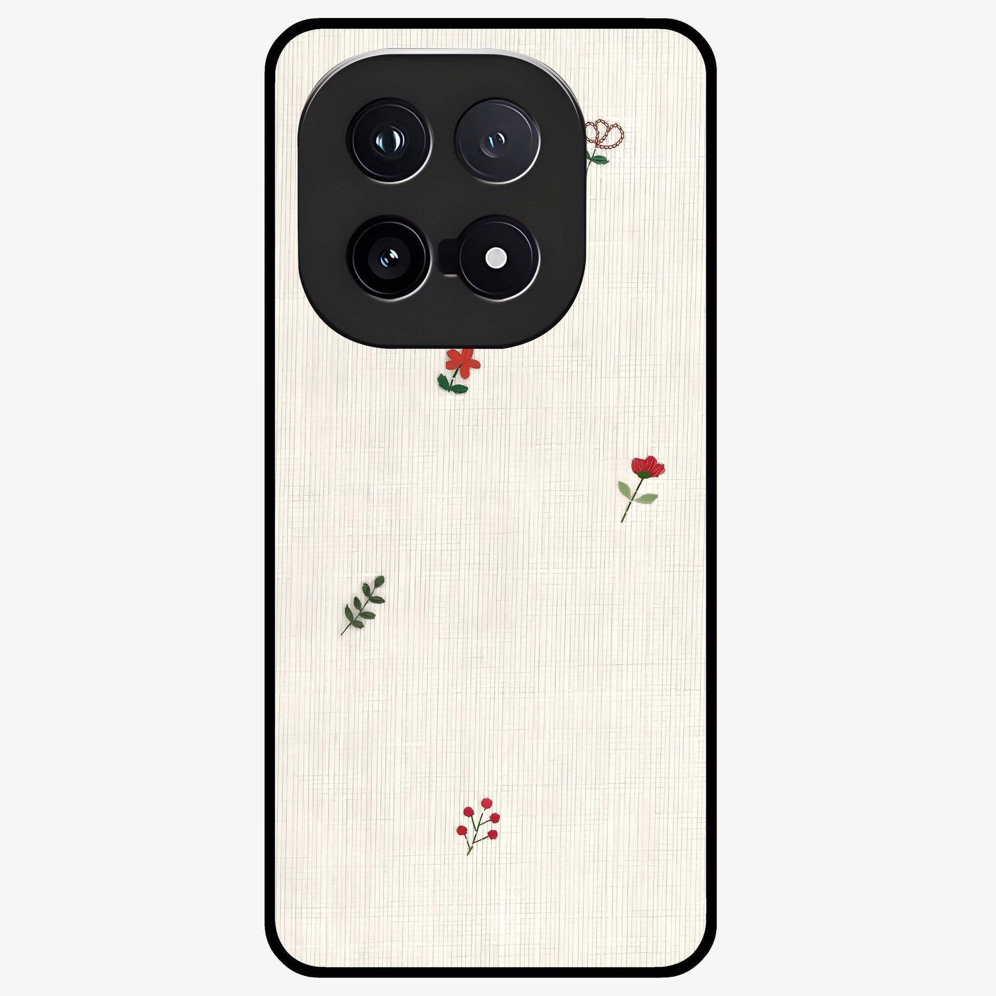 Minimal Petal Whispers Glass Case showing flat back view with soft minimal floral artwork and glossy glass finish.