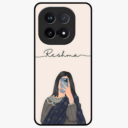 Mirror Mood Muse With Custom Name Glass Case showing flat back view with stylish mirrored artwork and personalized name design.