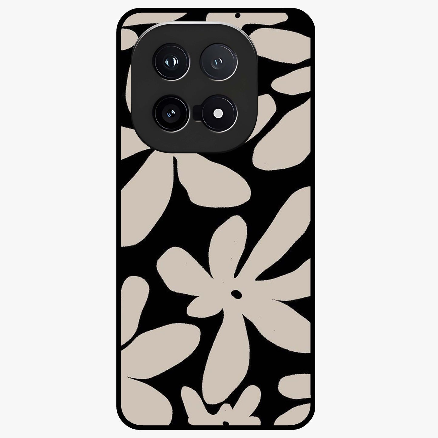 Monochrome Petal Dance Glass Case showing flat back view with monochrome floral artwork and glossy glass finish.