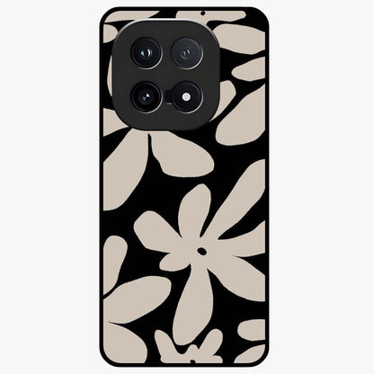 Monochrome Petal Dance Glass Case showing flat back view with monochrome floral artwork and glossy glass finish.
