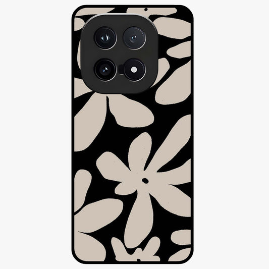 Monochrome Petal Dance Glass Case showing flat back view with monochrome floral artwork and glossy glass finish.