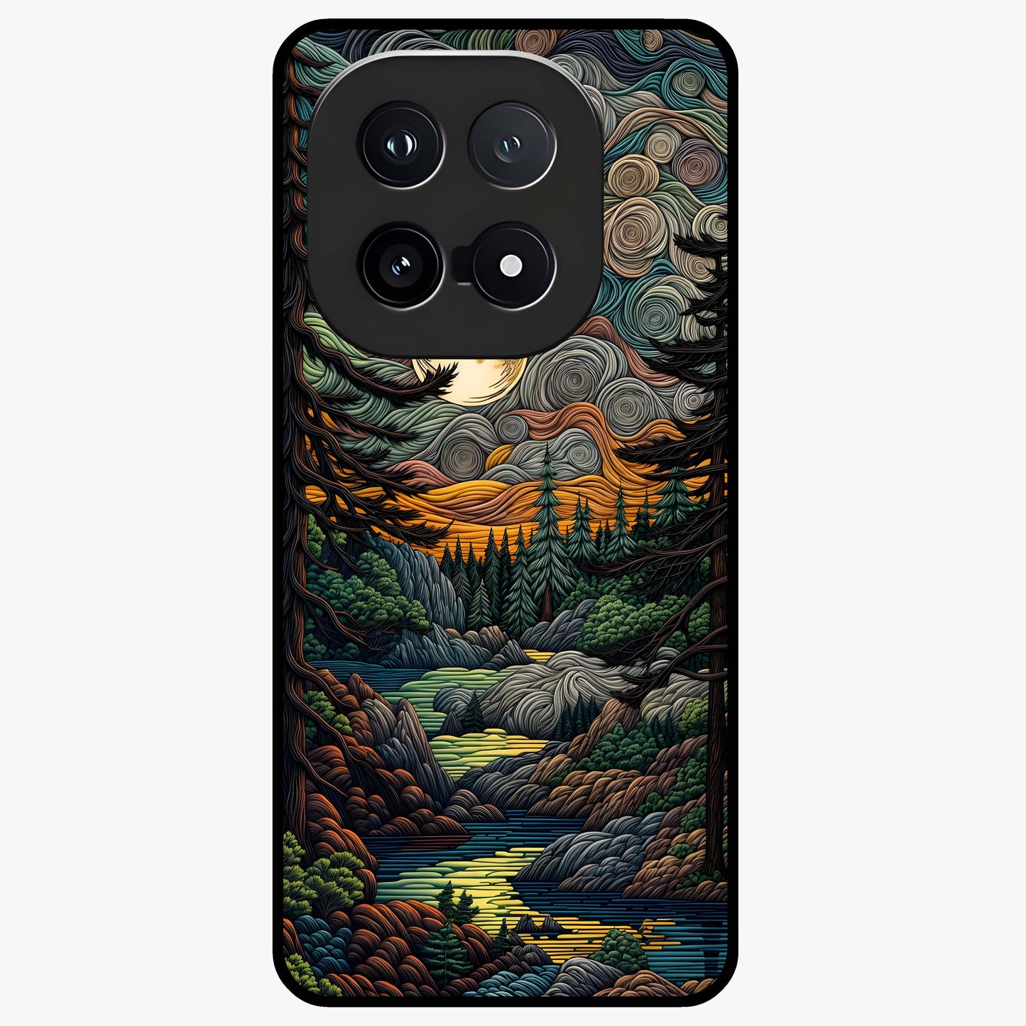 Moonlight Forest Dream Glass Case showing flat back view with mystical forest moonlight artwork and glossy glass finish.