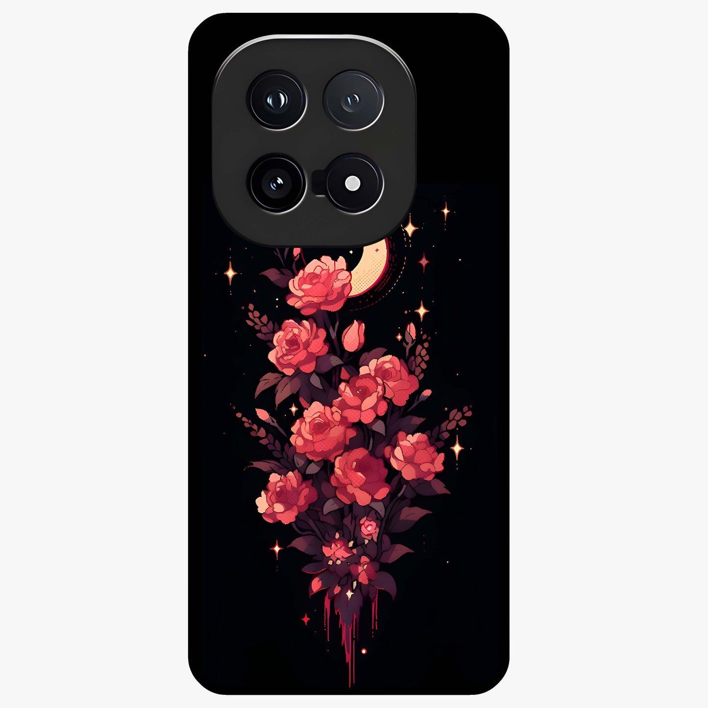 Moonlit Floral Elegance Glass Case showing flat back view with elegant floral artwork under moonlit tones and glossy glass finish.