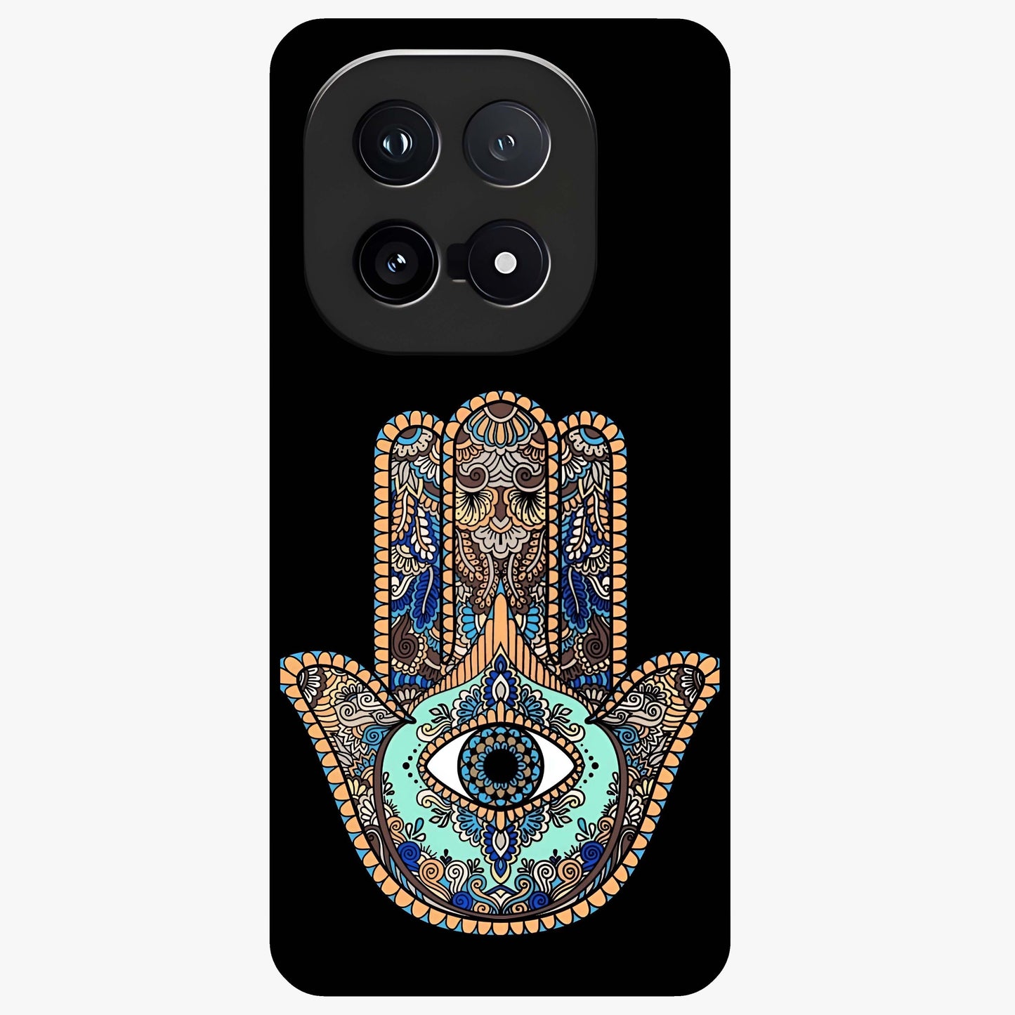 Mystic Hamsa Eye Glass Case showing flat back view with protective hamsa hand and evil eye artwork and glossy glass finish.