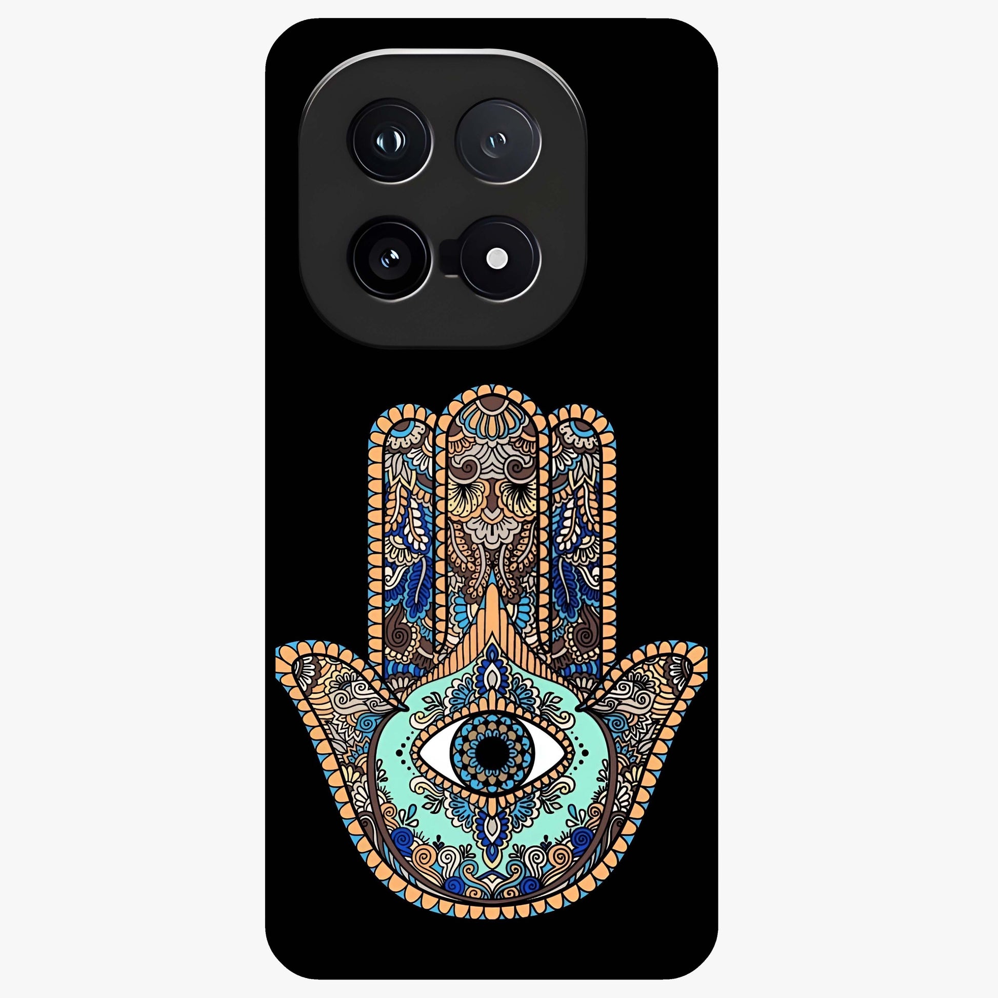 Mystic Hamsa Eye Glass Case showing flat back view with protective hamsa hand and evil eye artwork and glossy glass finish.
