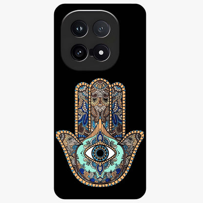 Mystic Hamsa Eye Glass Case showing flat back view with protective hamsa hand and evil eye artwork and glossy glass finish.