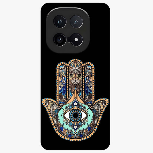 Mystic Hamsa Eye Glass Case showing flat back view with protective hamsa hand and evil eye artwork and glossy glass finish.