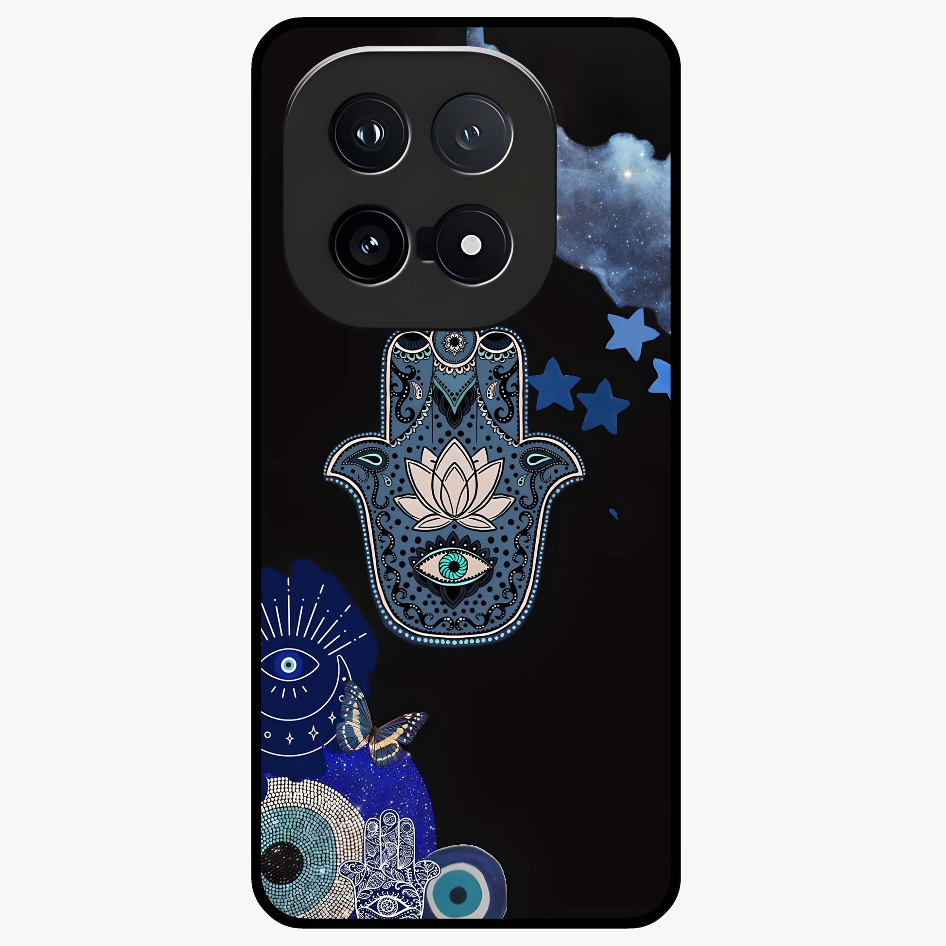 Mystic Hand Aura Glass Case showing flat back view with mystical hand symbol artwork and glossy glass finish.