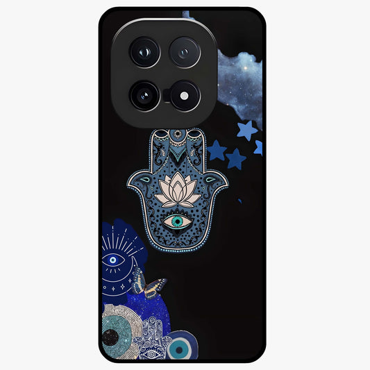Mystic Hand Aura Glass Case showing flat back view with mystical hand symbol artwork and glossy glass finish.