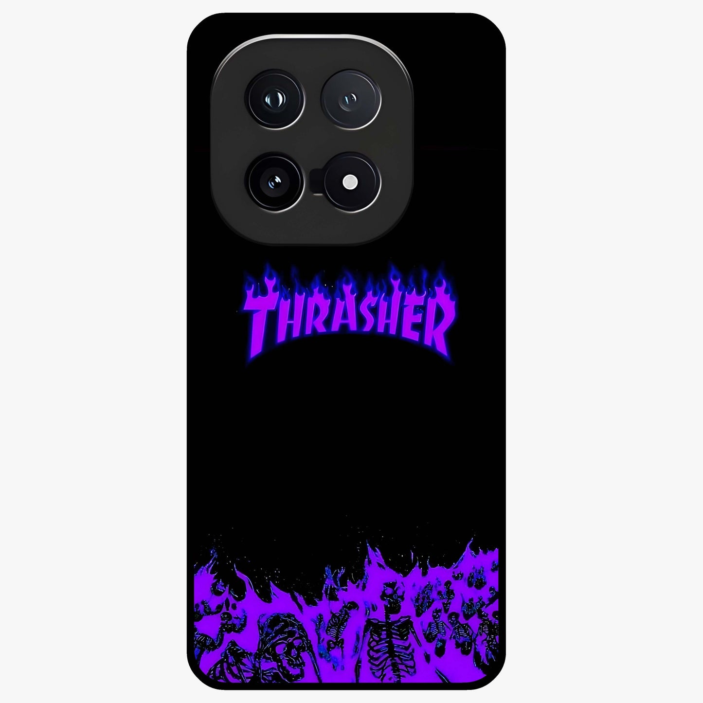 Neon Flame Riot Glass Case showing flat back view with neon flame artwork and glossy glass finish.