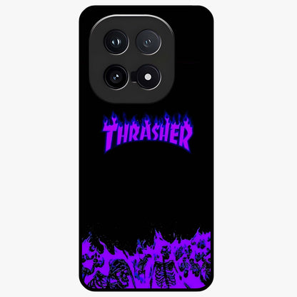 Neon Flame Riot Glass Case showing flat back view with neon flame artwork and glossy glass finish.