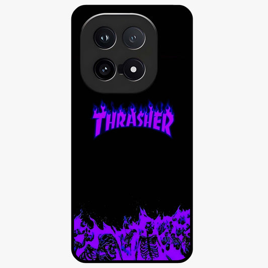 Neon Flame Riot Glass Case showing flat back view with neon flame artwork and glossy glass finish.