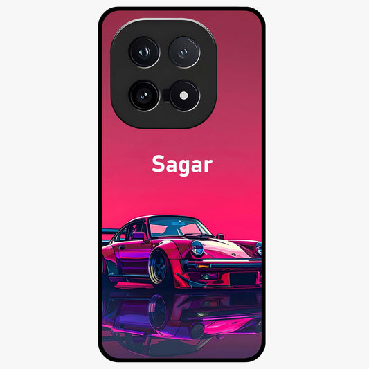 Neon Pink Porsche Glass Case showing flat back view with stylish sports car artwork and glossy glass finish.