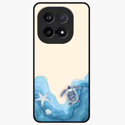 Ocean Drift Turtle Glass Case showing flat back view with sea turtle artwork and glossy glass finish.