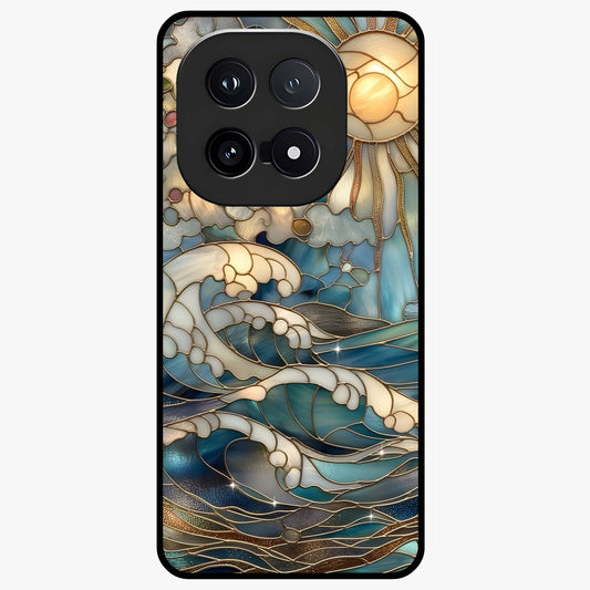 Oceanic Stained Printed Glass Case showing flat back view with ocean inspired stained pattern artwork and glossy glass finish.