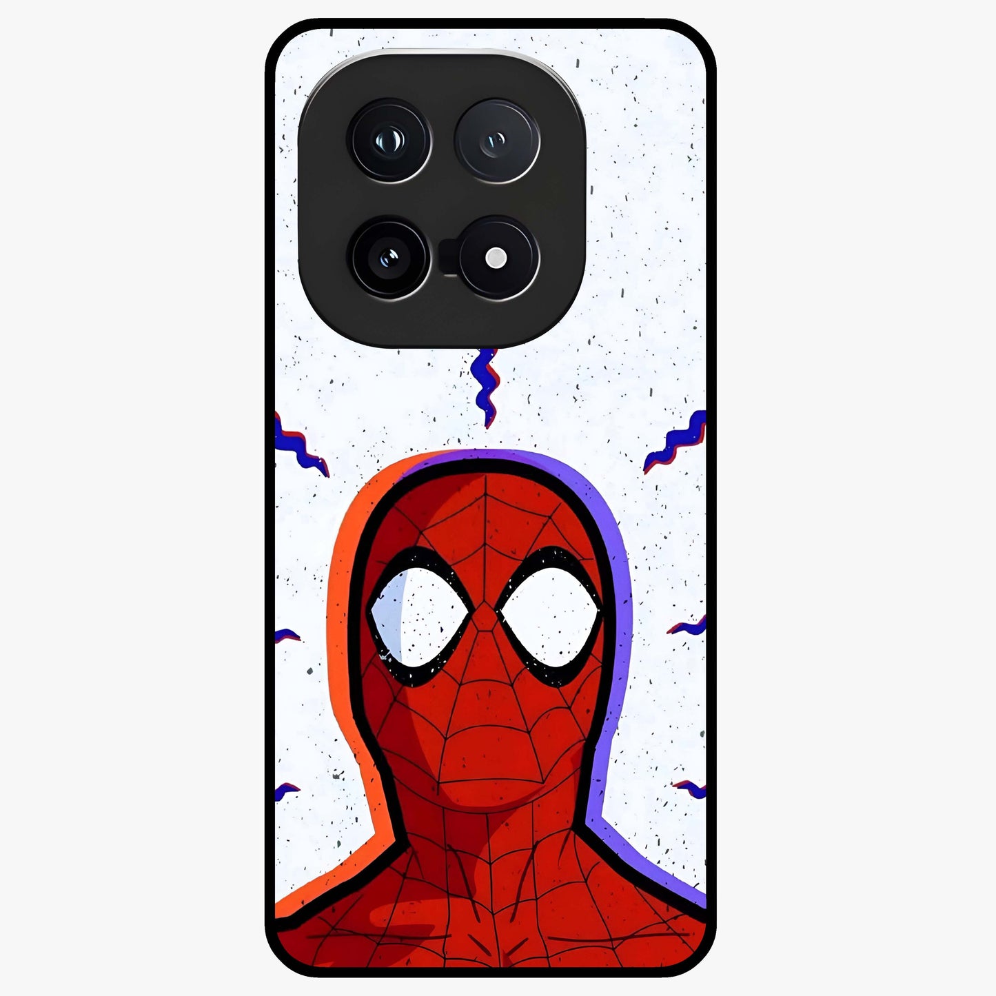 Omg Spiderman Glass Case showing flat back view with bold superhero inspired artwork and glossy glass finish.
