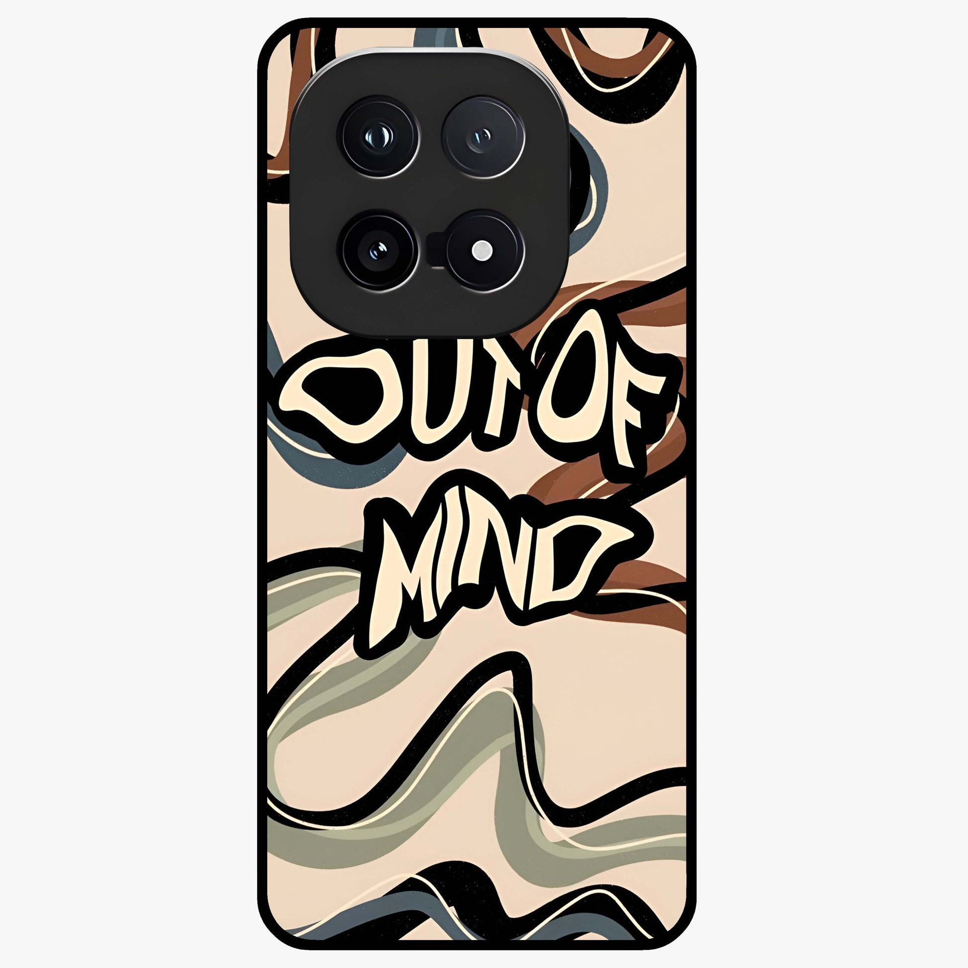 Out Of Mind Glass Case showing flat back view with expressive typography artwork and glossy glass finish.