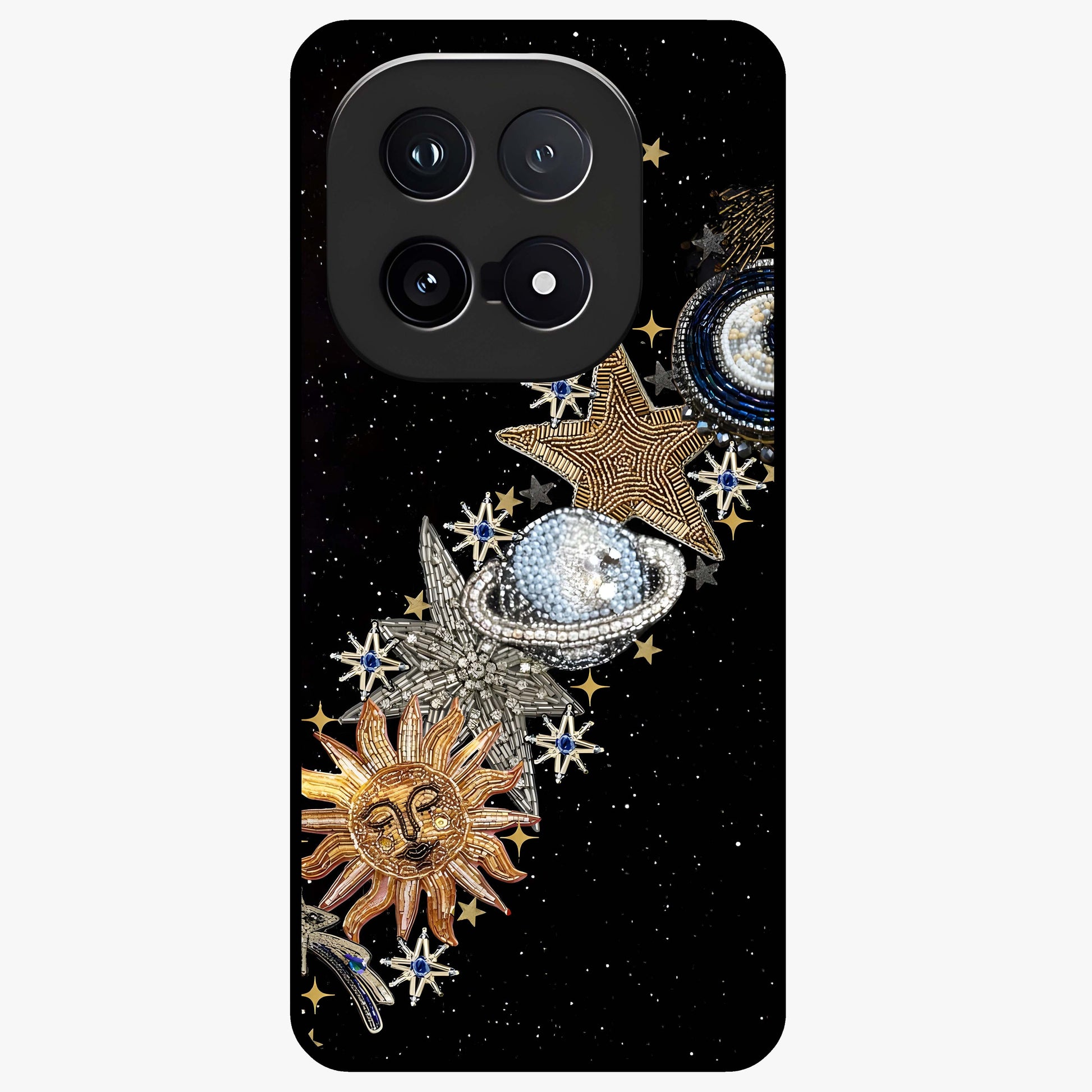 Pearls Universe Object Glass Case showing flat back view with pearl inspired cosmic artwork and glossy glass finish.
