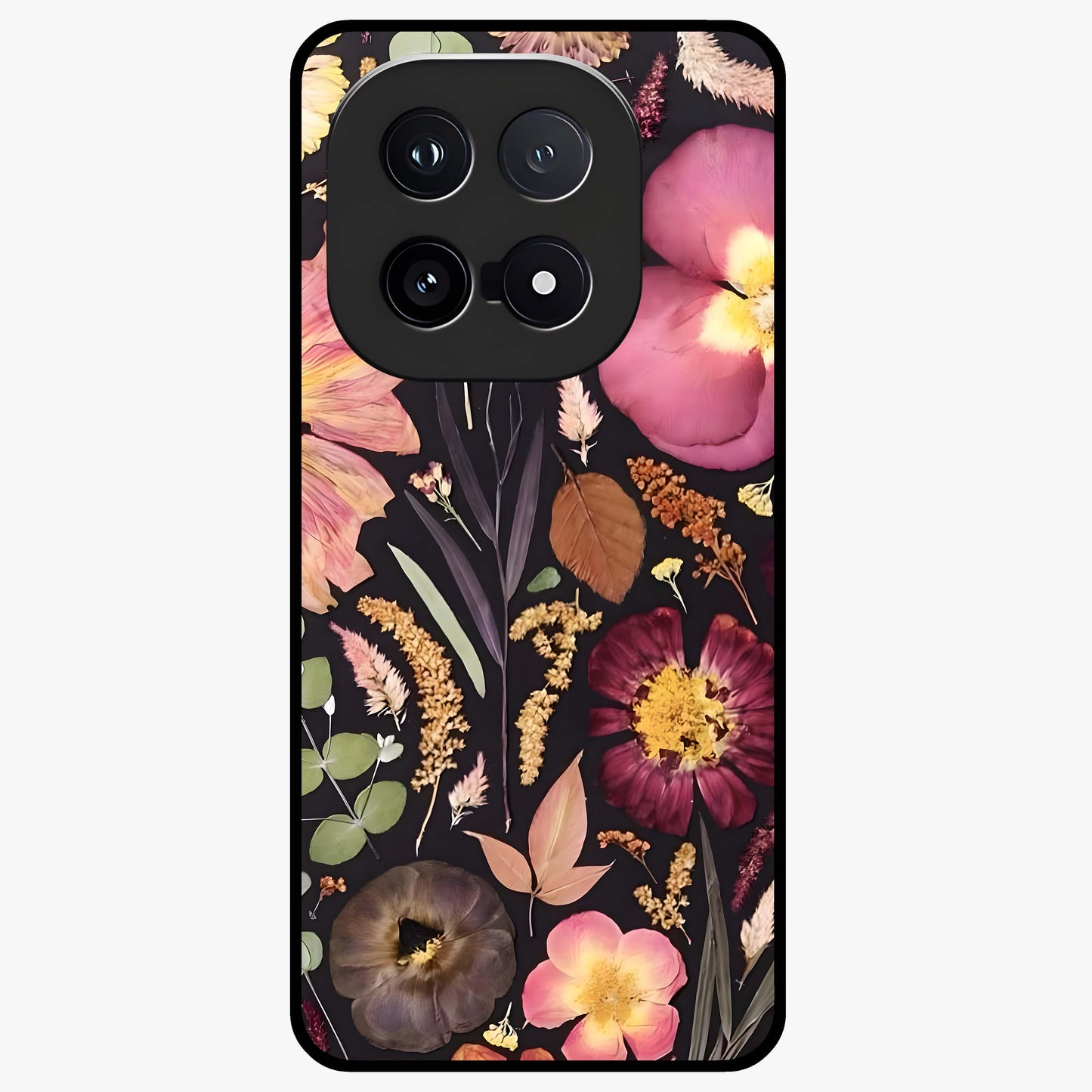 Petal Dream Tapestry Glass Case showing flat back view with intricate floral tapestry artwork and glossy glass finish.
