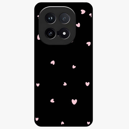 Pink Love Drops Glass Case showing flat back view with playful pink heart drops artwork and glossy glass finish.