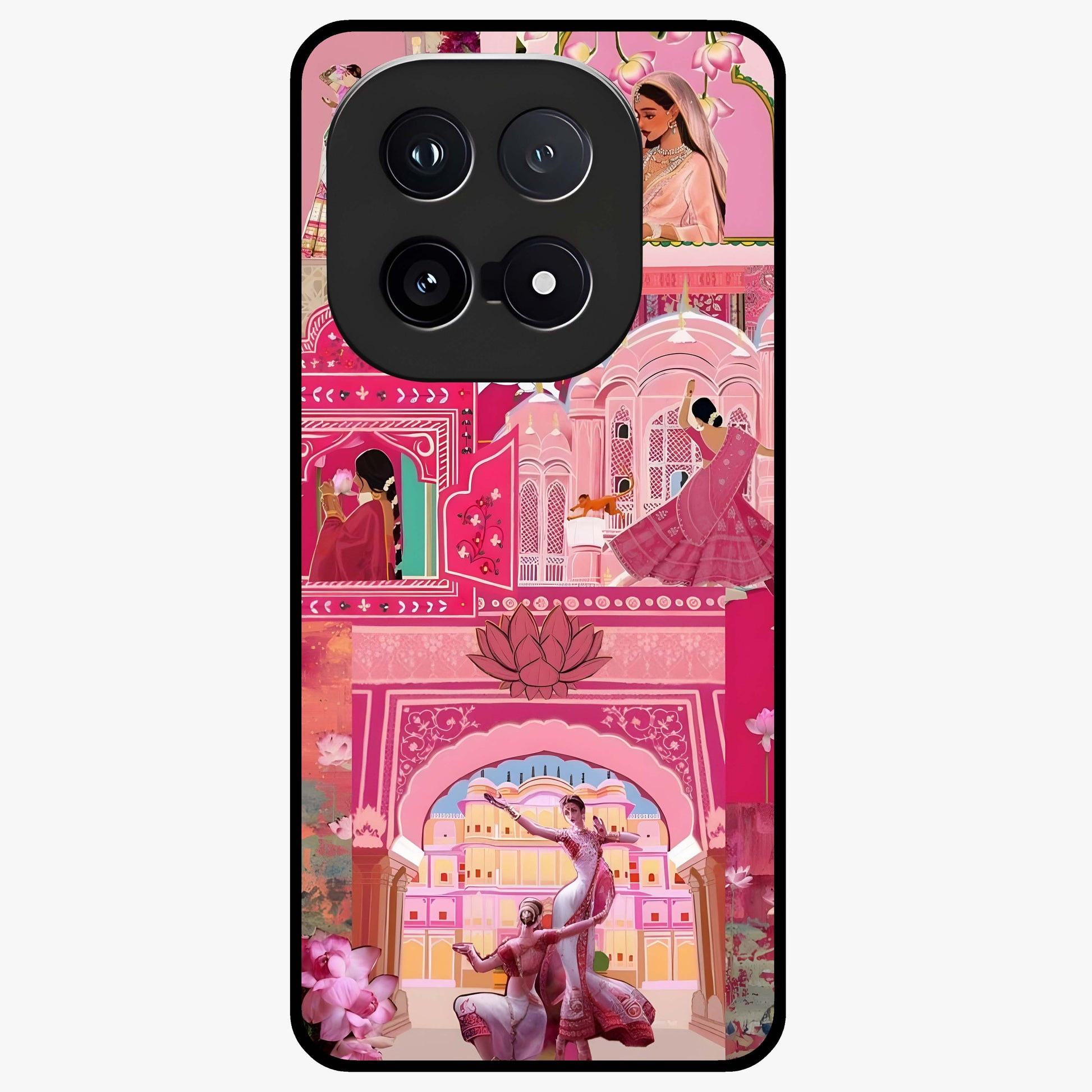 Pink Palace Muse Glass Case showing flat back view with elegant palace inspired artwork and glossy glass finish.