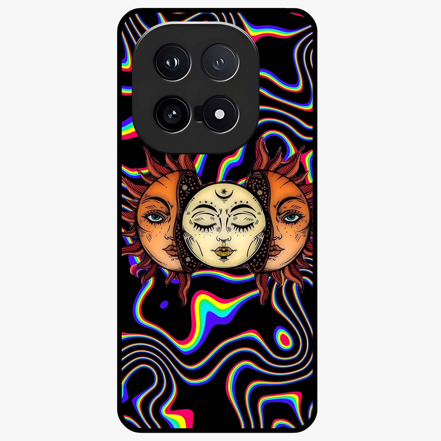 Psychedelic Sun Glass Case showing flat back view with colorful psychedelic sun artwork and glossy glass finish.