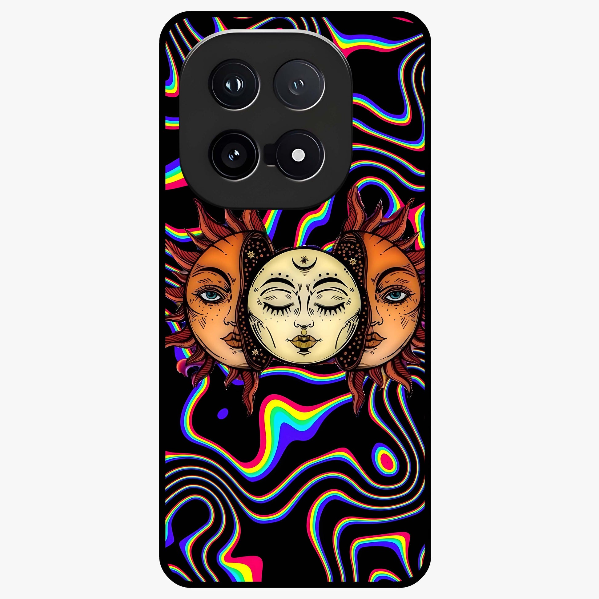 Psychedelic Sun Glass Case showing flat back view with colorful psychedelic sun artwork and glossy glass finish.
