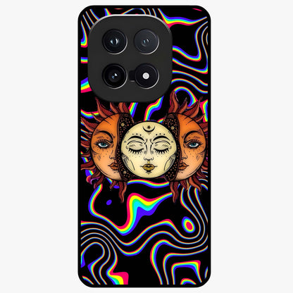 Psychedelic Sun Glass Case showing flat back view with colorful psychedelic sun artwork and glossy glass finish.