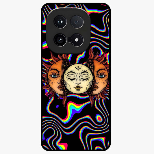 Psychedelic Sun Glass Case showing flat back view with colorful psychedelic sun artwork and glossy glass finish.