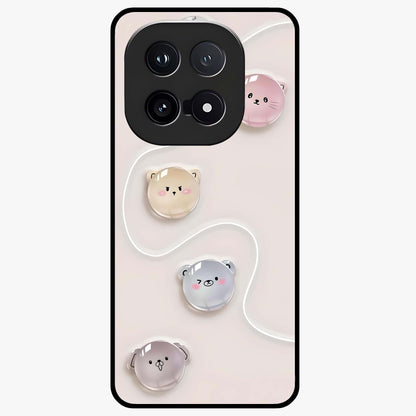 Puffy Face Parade Glass Case showing flat back view with cute puffy character faces artwork and glossy glass finish.