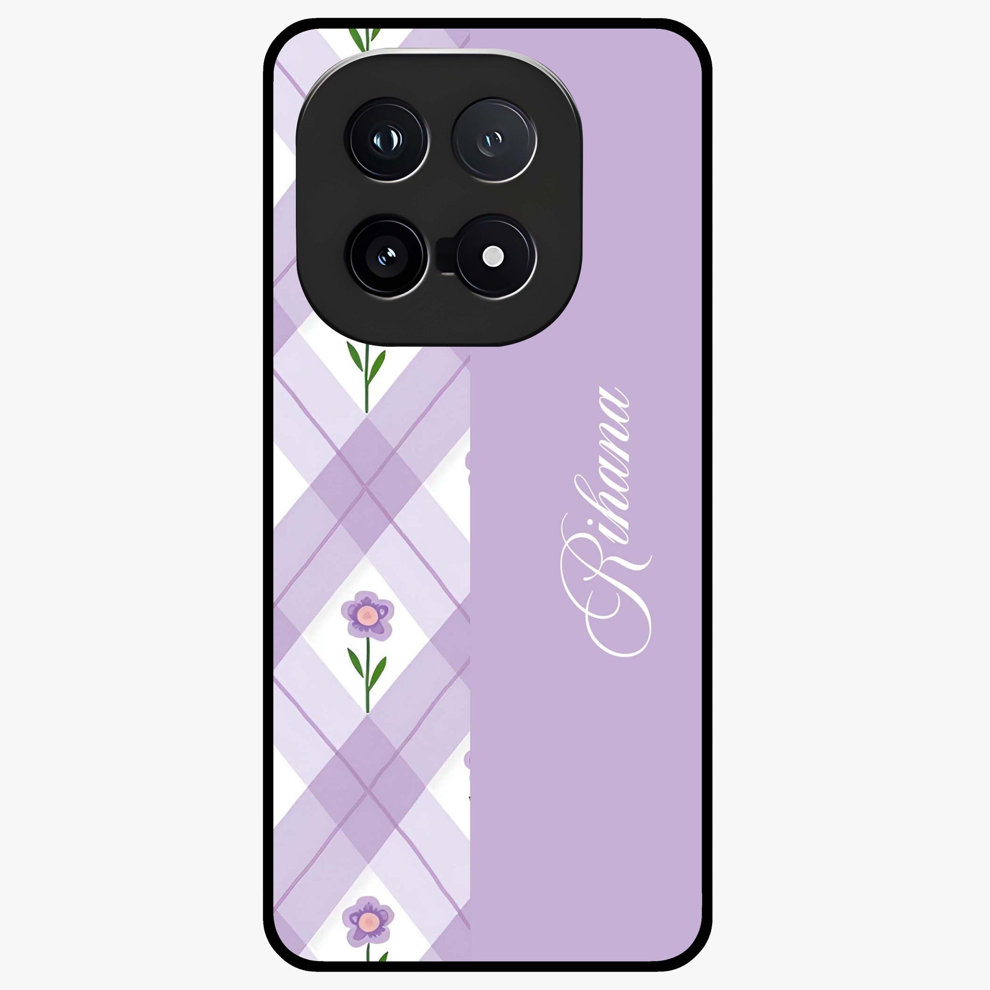 Purple Diamond Floral Glass Case showing flat back view with diamond shaped floral artwork and glossy glass finish.