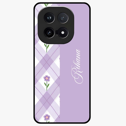 Purple Diamond Floral Glass Case showing flat back view with diamond shaped floral artwork and glossy glass finish.