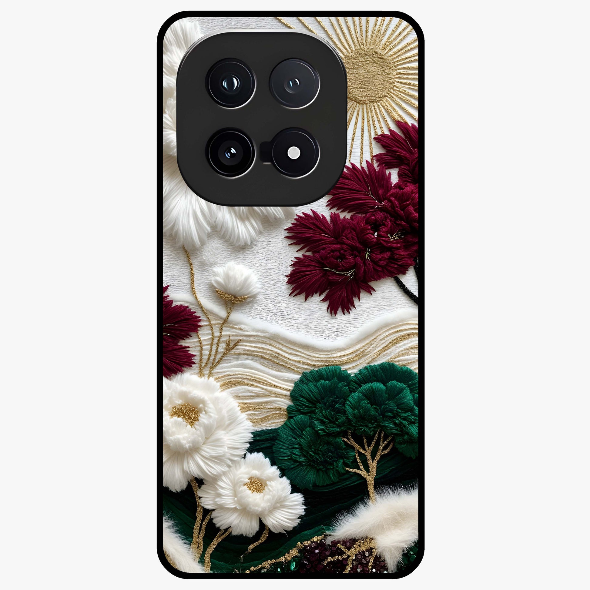 Radiant Bloom Elegance Glass Case showing flat back view with elegant blooming flower artwork and glossy glass finish.