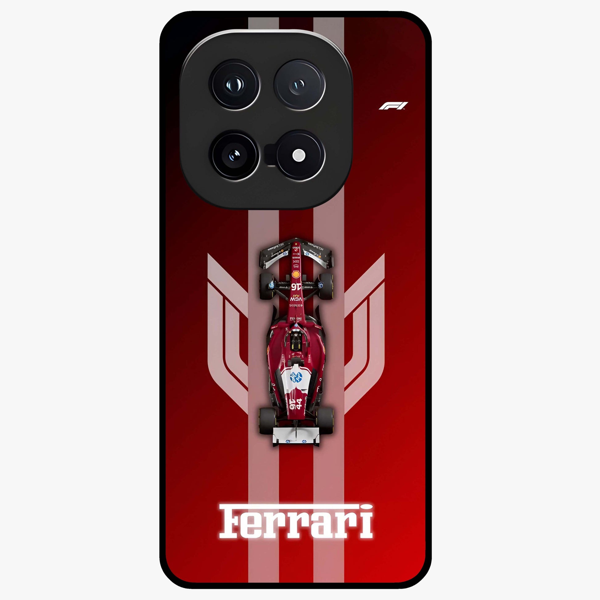 Red Ferrari F1 Vertical Glass Case showing flat back view with sleek Formula racing car artwork and glossy glass finish.