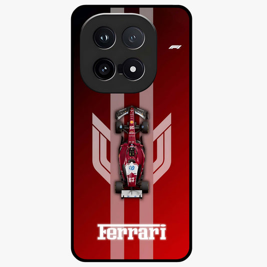 Red Ferrari F1 Vertical Glass Case showing flat back view with sleek Formula racing car artwork and glossy glass finish.