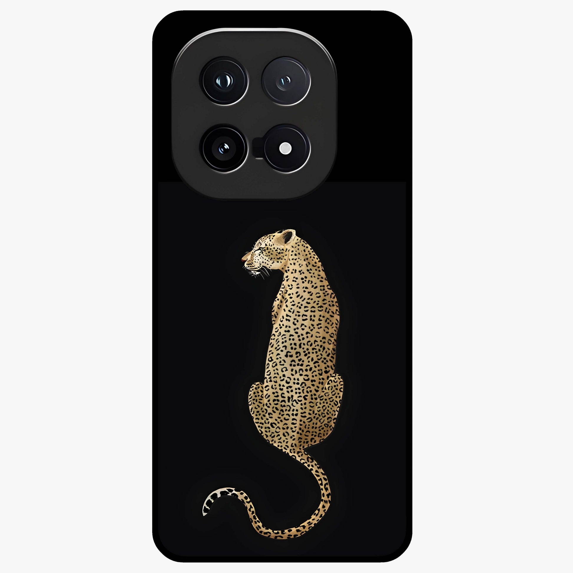 Regal Leopard Glass Case showing flat back view with bold leopard artwork and glossy glass finish.