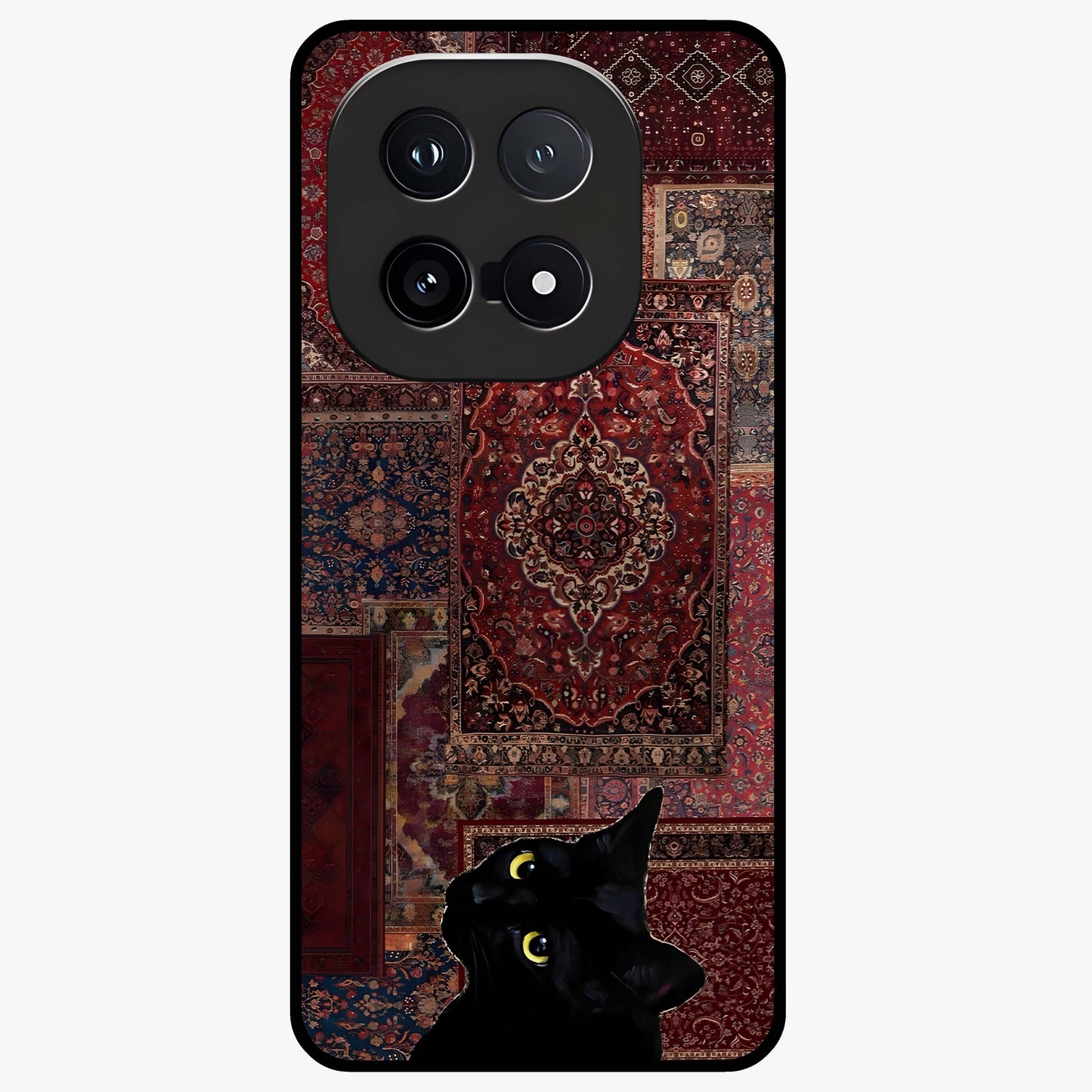 Regal Magic Cat Apple Glass Case showing flat back view with magical cat artwork holding apple and glossy glass finish.
