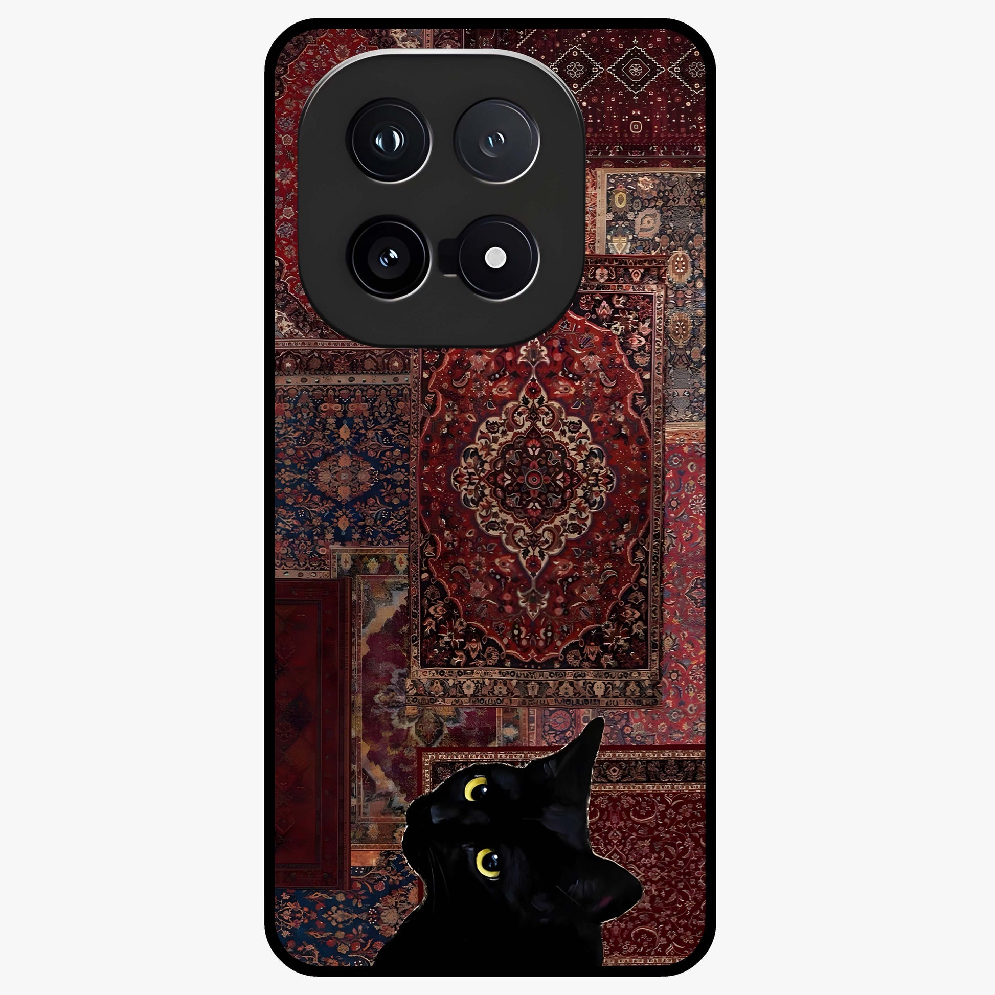 Regal Magic Cat Apple Glass Case showing flat back view with magical cat artwork holding apple and glossy glass finish.