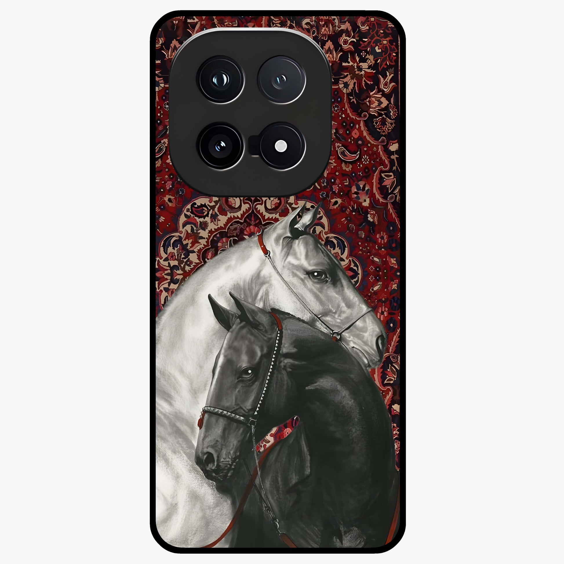 Regal Stallion Tapestry Glass Case showing flat back view with majestic horse tapestry artwork and glossy glass finish.