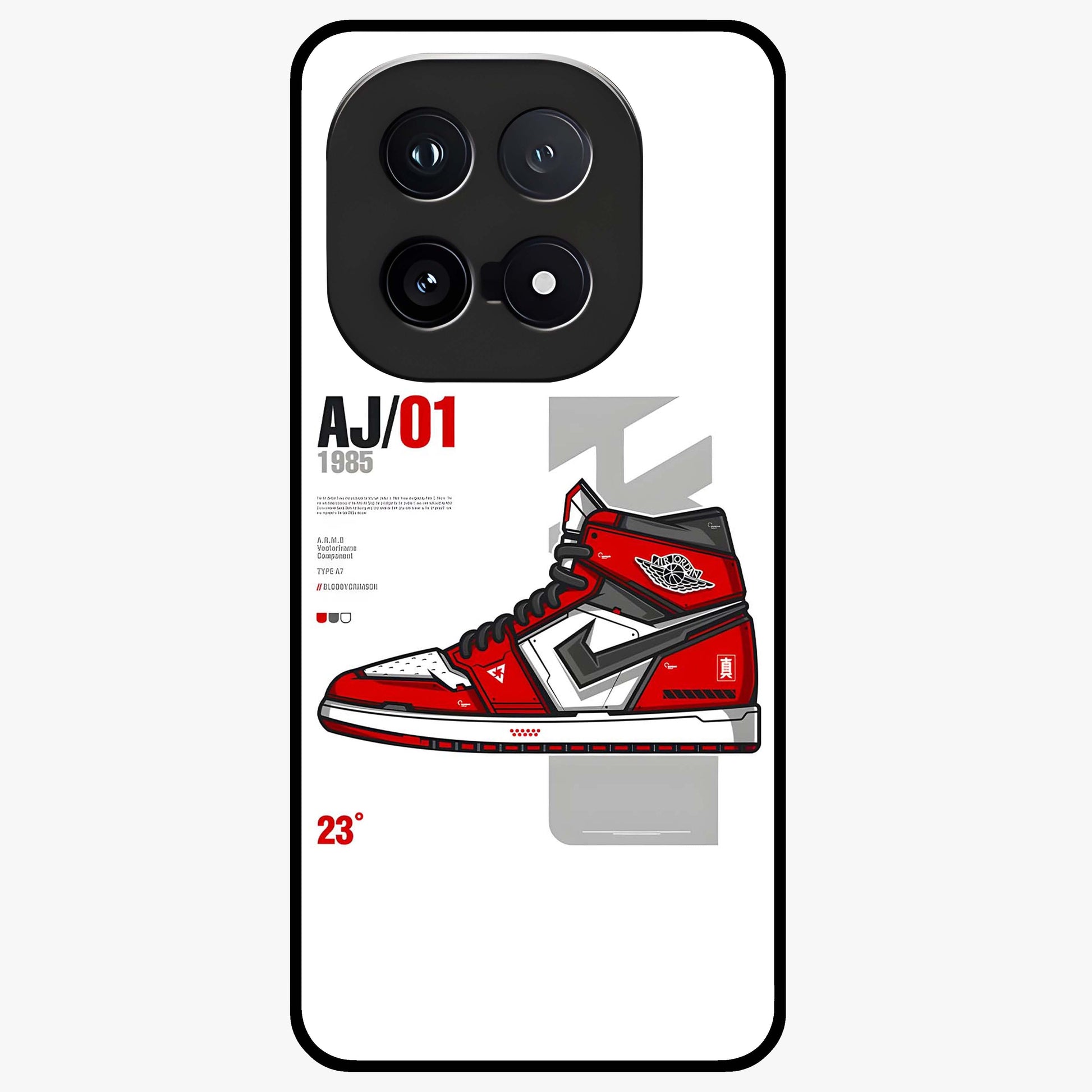Retro Sneaker Blueprint Glass Case showing flat back view with sneaker blueprint style artwork and glossy glass finish.