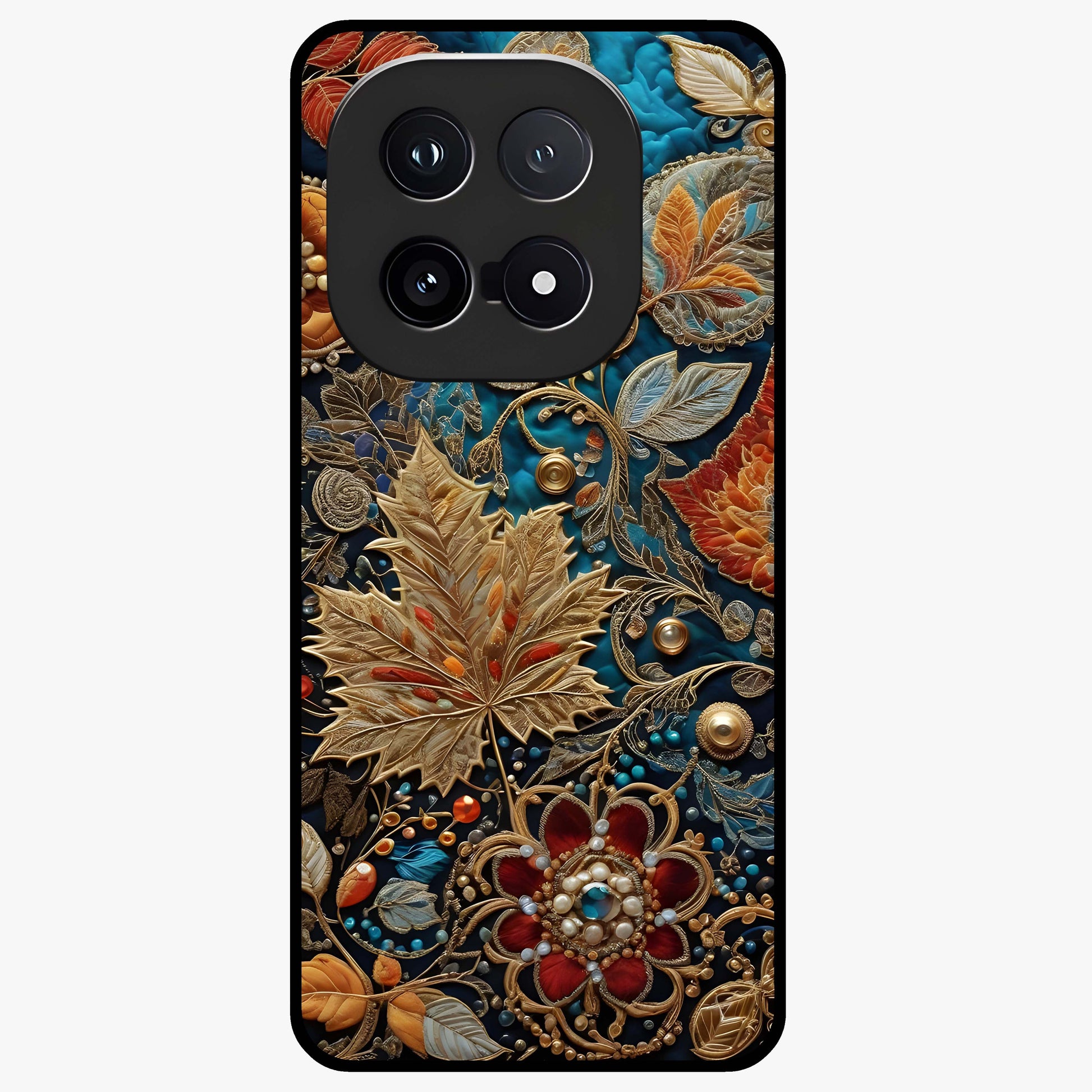 Royal Jewel Garden Glass Case showing flat back view with decorative floral garden artwork and glossy glass finish.