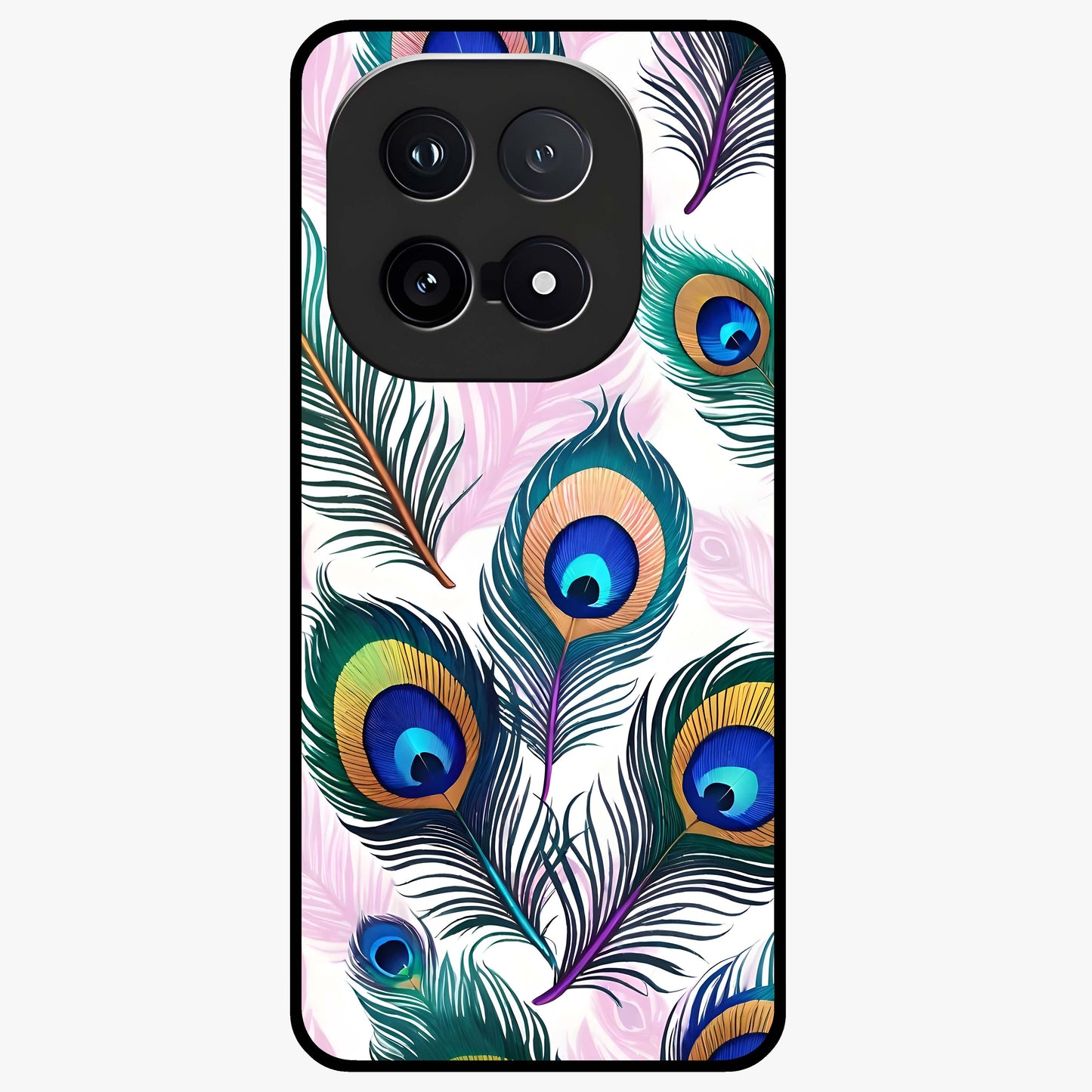 Royal Peacock Feathers Glass Case showing flat back view with colorful peacock feather artwork and glossy glass finish.