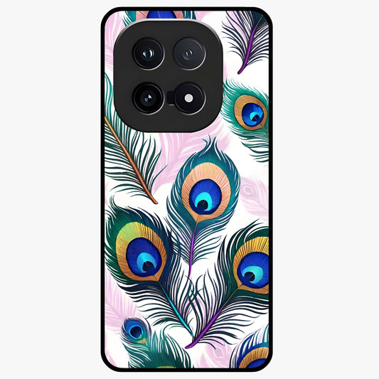 Royal Peacock Feathers Glass Case showing flat back view with colorful peacock feather artwork and glossy glass finish.