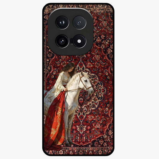 Royal Rider Tapestry Glass Case showing flat back view with majestic horse rider tapestry artwork and glossy glass finish.